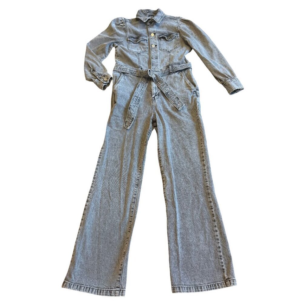 Gap Dark Grey Denim Jumpsuit Button-Down Full Length Belt Cotton Size 6 Women's